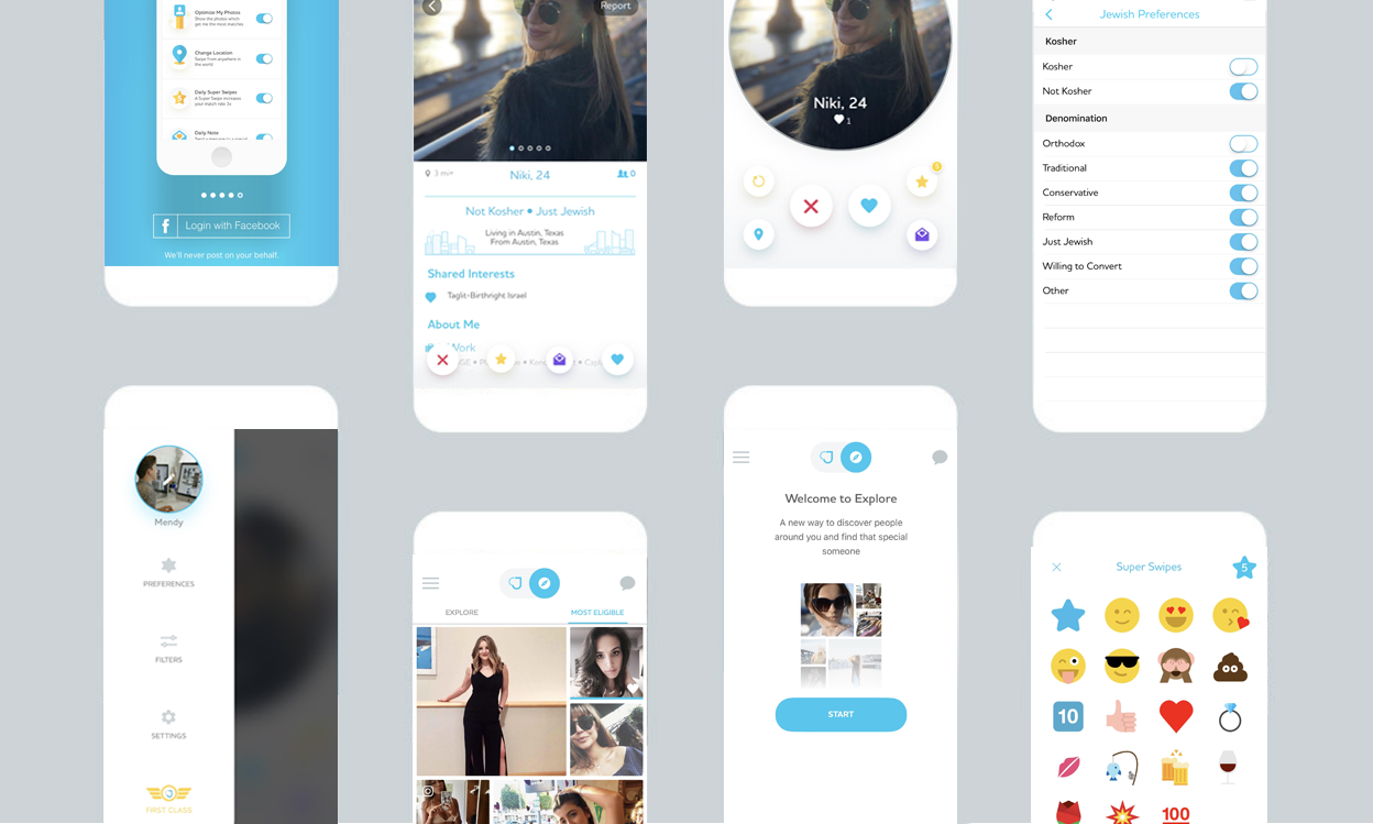 JSwipe app screens including profiles, Jewish preferences, and Super Swipes